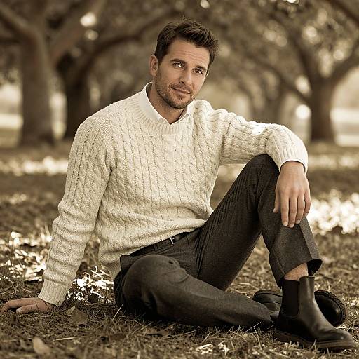 Photograph of a bearded man with dark hair, wearing a white cable-knit sweater, dark pants, and black boots, sitting on grass in