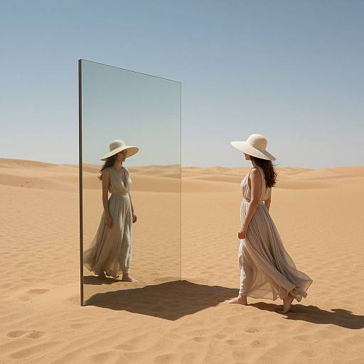 Photograph of a woman in a white sunhat and flowing dress, standing in a desert, reflected in a tall, clear mirror. Blue sky,
