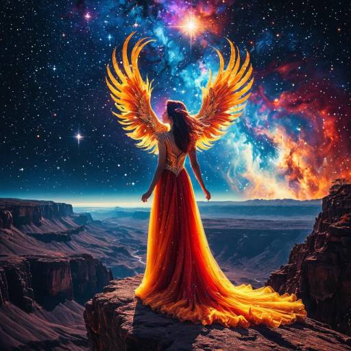 Celestial Phoenix Woman on Cliff Under Cosmic Nebula Celestial Phoenix Woman on Cliff Under Cosmic Nebula