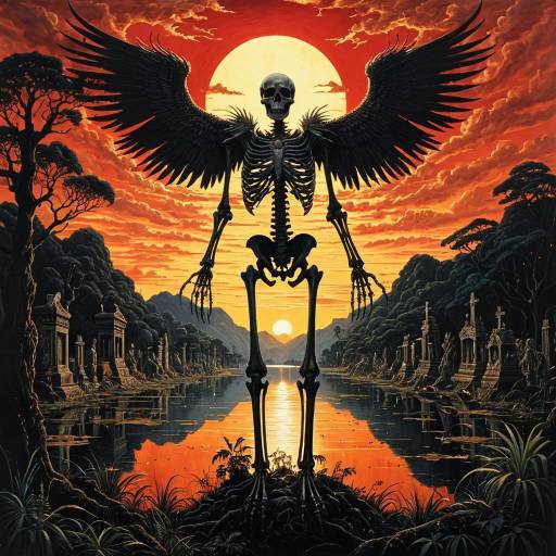 Winged Skeleton Silhouette at Dawn