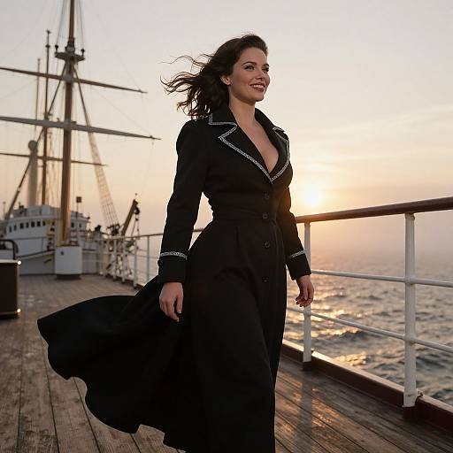 Photograph of a smiling woman with long dark hair, wearing a black dress with white trim, standing on a wooden ship deck at sunset, with ship
