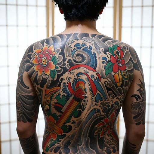 Photograph of a man with black hair, facing away, showcasing a vibrant, detailed back tattoo of ocean waves, flowers, and a sword. Bright