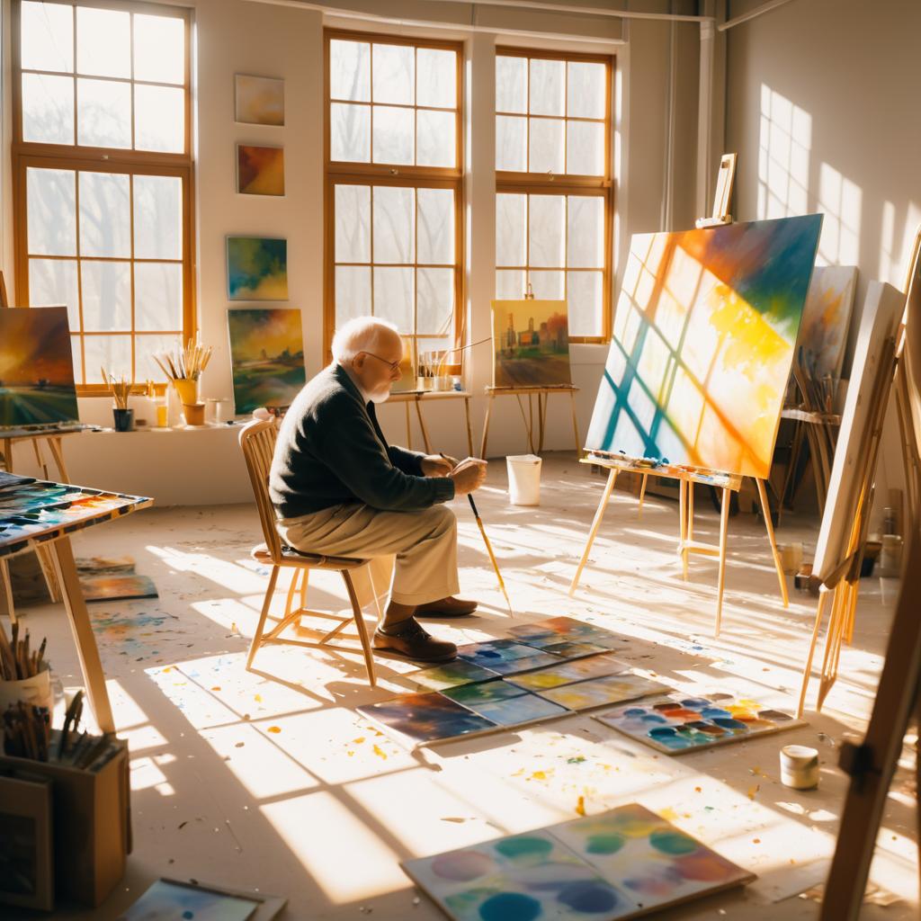 Cinematic Elderly Artist in Sunlit Studio