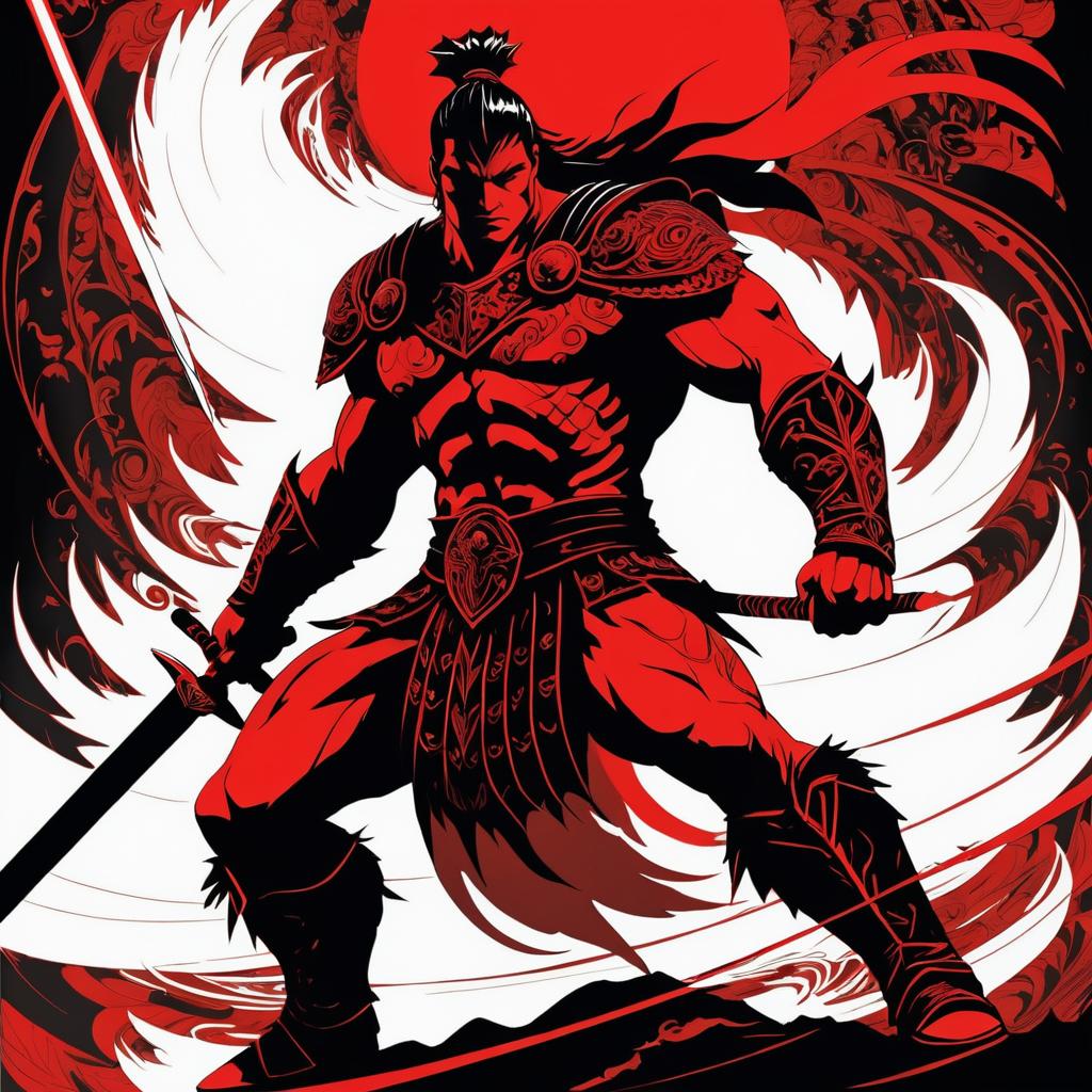 Fierce Ancient Warrior Art in Red and Black