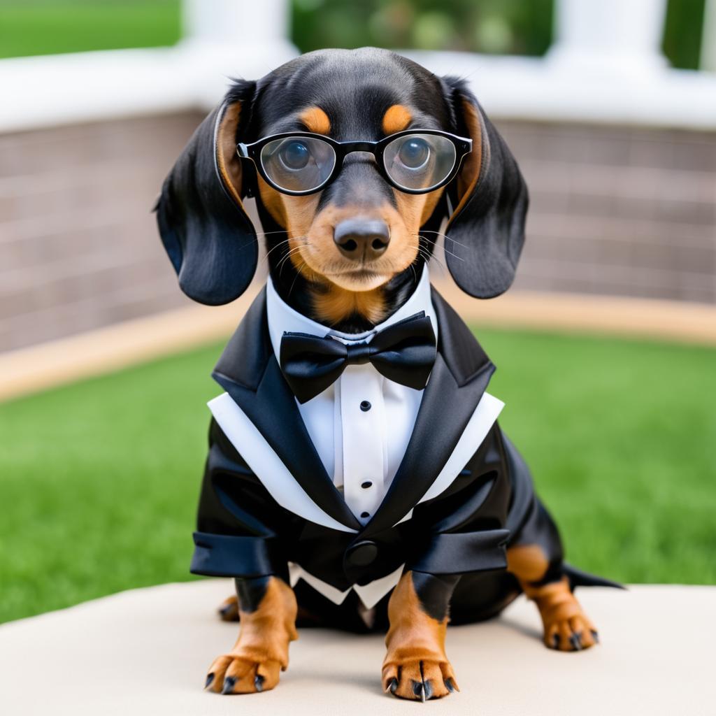 Dapper Dachshund in Tuxedo and Glasses