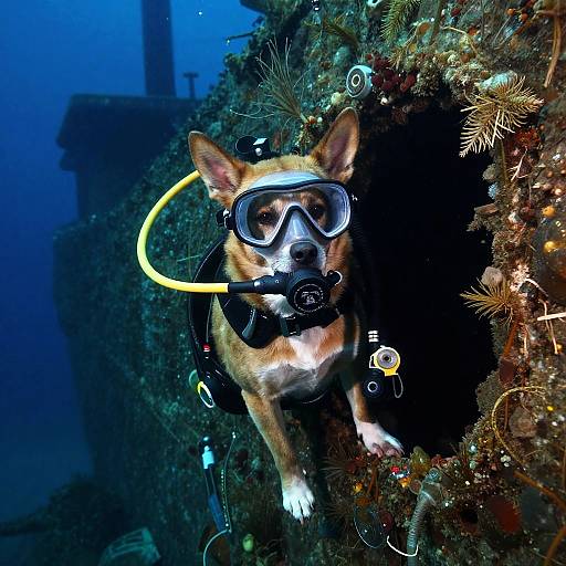 Dog Exploring Sunken Ship Underwater