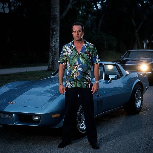 Photograph of a tall, muscular man in a black and green floral shirt, standing in front of a blue classic muscle car at dusk, with another