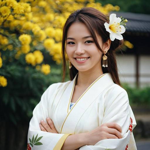 Smiling Asian Woman in Traditional Kimono with Flower