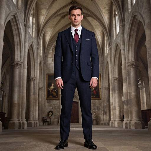 Photograph of a serious, fair-skinned man with short brown hair in a dark navy suit, white shirt, red tie, standing in a Gothic