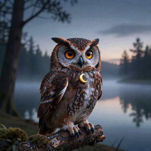 Photograph of a detailed, realistic owl with bright orange eyes, a crescent moon necklace, perched on a branch by a calm, misty