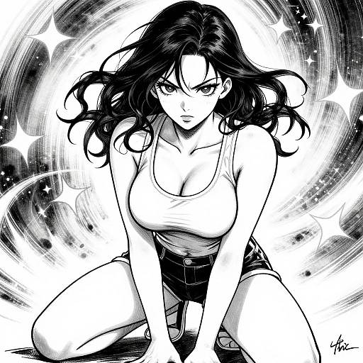 Black-and-white manga-style drawing of a fierce, dark-haired woman with large breasts, wearing a tank top and shorts, crouching, intense expression