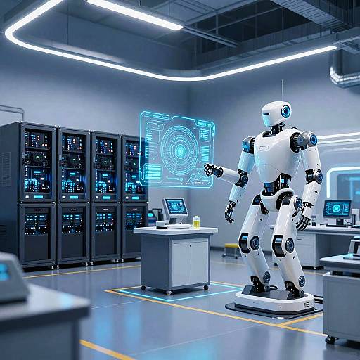 Photograph of a futuristic lab with a white humanoid robot on a platform, surrounded by blue-lit servers and holographic displays.
