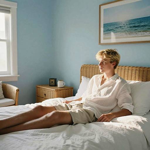 Photograph of a blond man in white shirt and beige shorts, sitting on a sunlit bed in a blue-walled room with wicker furniture and