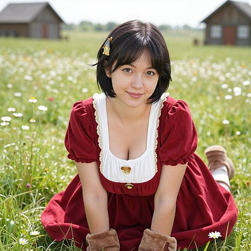 Photograph of a smiling Asian woman with short black hair, wearing a red dress with white apron, kneeling in a sunlit grassy field,
