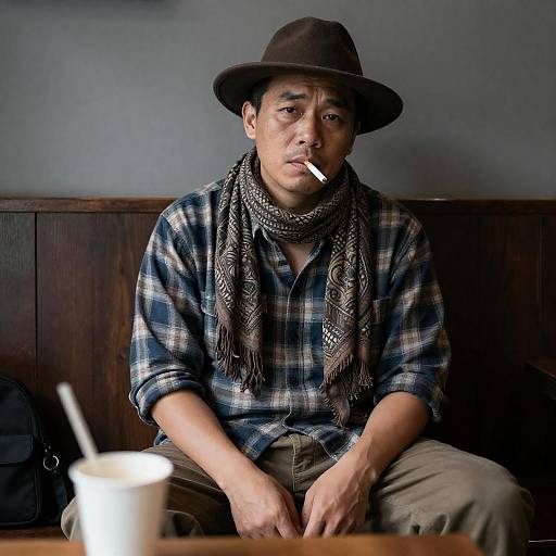 Serious Asian Man Smoking in Cafe Booth