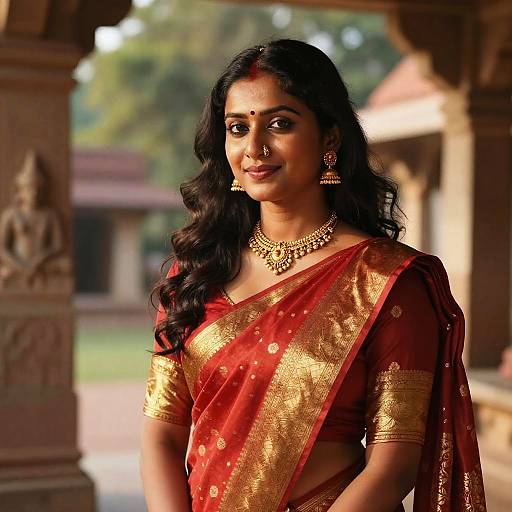 Photograph of a beautiful Indian woman with dark hair, wearing a red and gold sari, gold jewelry, and a nose ring, standing in a