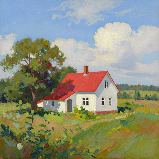 Brightly colored oil painting of a white cottage with a red roof, surrounded by lush greenery and a tall tree, under a vibrant blue sky with