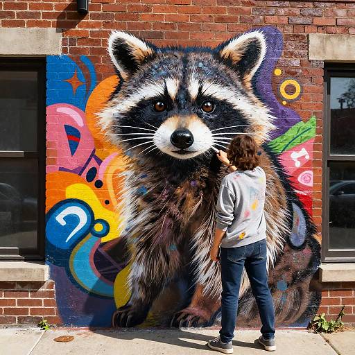Photograph of a person in a white hoodie admiring a vibrant, detailed mural of a realistic raccoon on a brick wall.