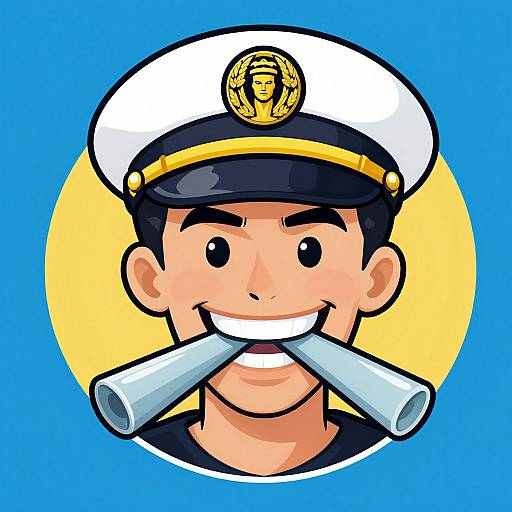 Cartoon-style illustration of a smiling male sailor with white hat, black hair, holding rolled-up papers in mouth, against blue-yellow background.