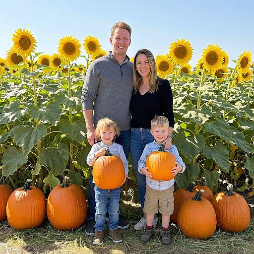 Photograph of a smiling family with two young boys holding pumpkins, standing in a sunflower field with large pumpkins.