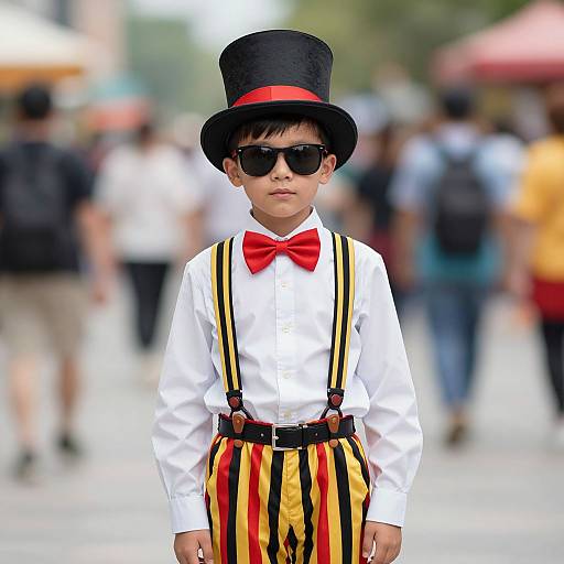 Photograph of a young boy in a white shirt, red bowtie, black top hat, striped yellow and red pants, black suspenders, and