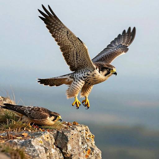 Photograph of a majestic hawk mid-flight, wings spread, above a rocky cliff with another hawk resting below, blurred mountainous background.