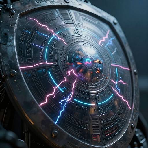 High-tech, futuristic control panel with glowing blue and pink lightning-like circuits on a metallic, circular surface, illuminated in dark surroundings.