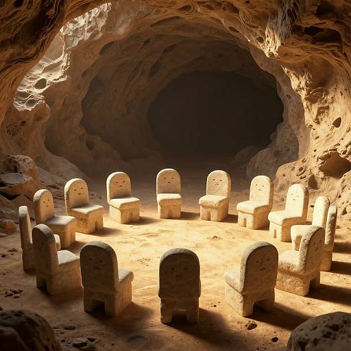 Photograph of a sunlit, ancient stone chamber with curved, textured walls, featuring a circular arrangement of simple, upright, carved stone seats.