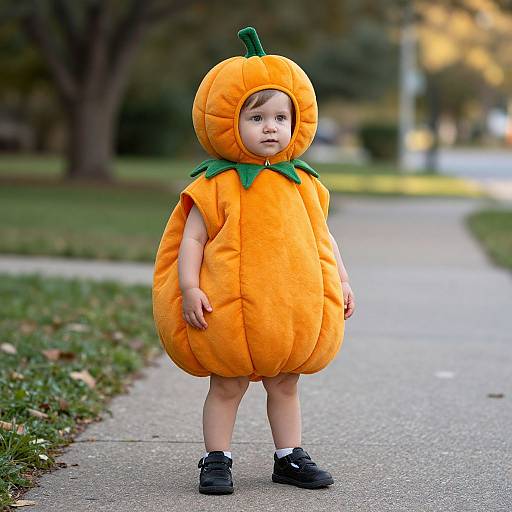 Photograph of a toddler in an orange pumpkin costume with green stem and leaves, standing on a sidewalk in a park.