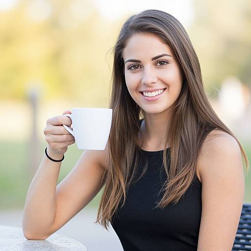 Photograph of a smiling young woman with long brown hair, wearing a black sleeveless top, holding a white card, outdoors in a sunlit park