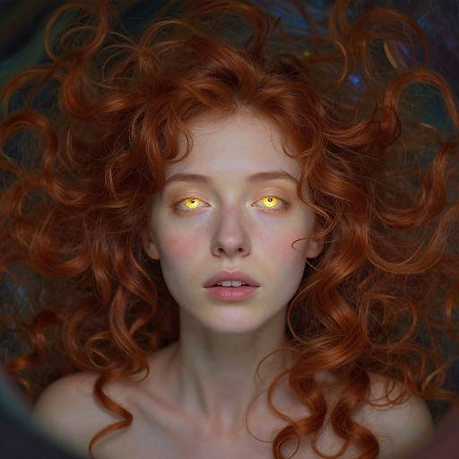 Digital artwork of a pale, red-haired woman with glowing yellow eyes and curly hair, set against a dark, swirling background.