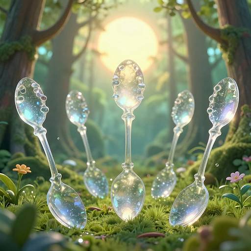 Photorealistic CGI of glowing, transparent, crystalline spoons arranged in a forest clearing, illuminated by sunlight, surrounded by green moss and small flowers