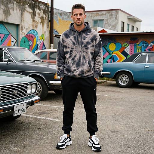 Photograph of a bearded man with short dark hair, wearing a tie-dye hoodie, black joggers, and white sneakers, standing in a