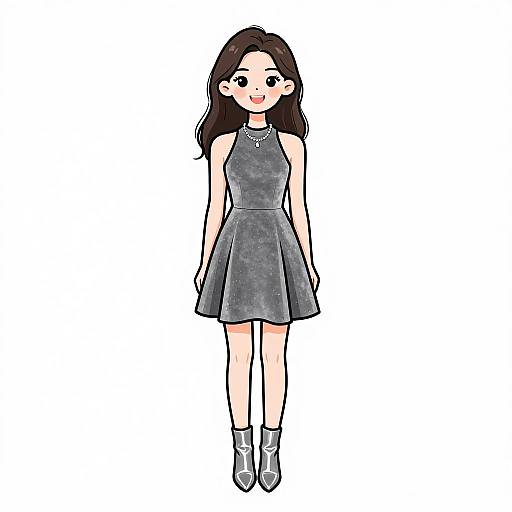 Digital anime-style drawing of a smiling young woman with long black hair, wearing a gray sleeveless dress, necklace, and silver ankle boots.