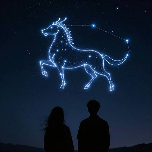 Photograph of a night sky displaying a glowing blue neon horse constellation above two silhouetted figures standing in the foreground.