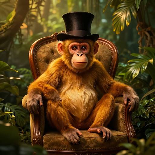 Photorealistic CGI of a monkey with orange fur, sitting regally in an ornate wooden chair, wearing a black top hat, in a lush
