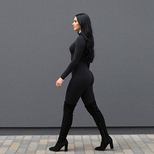 Woman in Black Jumpsuit and Thigh-High Boots Walking
