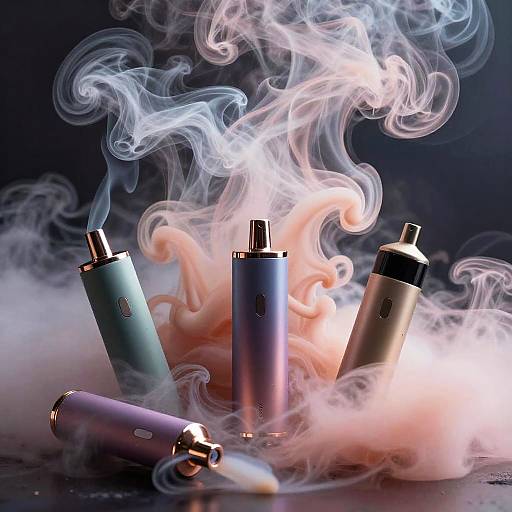 Photograph of five colorful vaporizers emitting swirling white smoke against a dark background, with one lying on the ground.