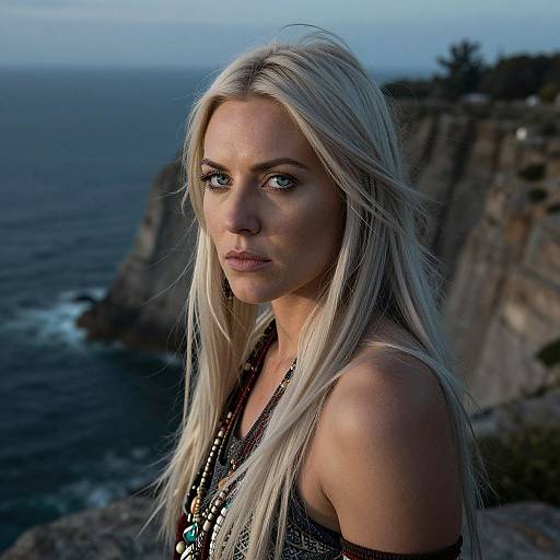Photograph of a blonde woman with blue eyes, wearing a beaded necklace, standing against a coastal cliff with an ocean backdrop.