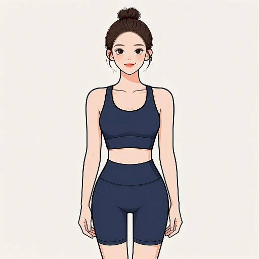 Digital anime-style drawing of a smiling young woman with fair skin, dark hair in a bun, wearing a navy sports bra and high-waisted shorts