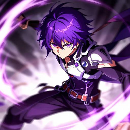 Anime-style digital drawing of a purple-haired, intense-eyed male character with black and white armor, surrounded by glowing purple energy. Dynamic, action pose with