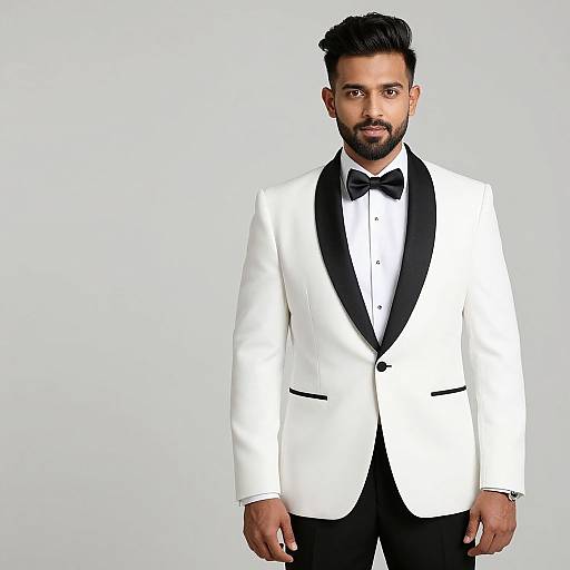 Photograph of a handsome man with dark hair and beard, wearing a white tuxedo with black lapels and bow tie, standing against a plain