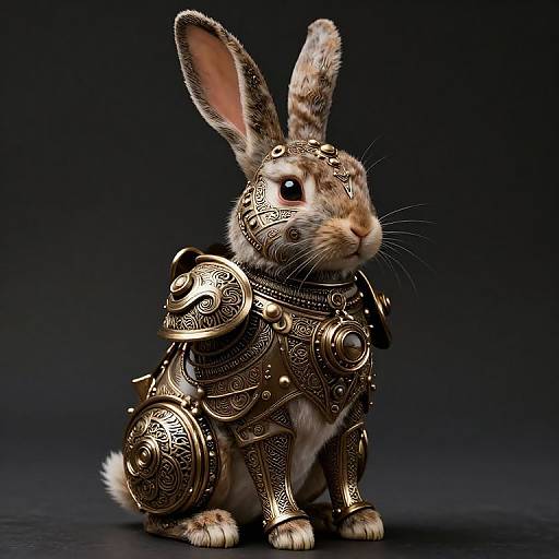 Photograph of a realistic CGI rabbit wearing intricate, medieval-style, golden armor with ornate patterns, standing against a dark gradient background.