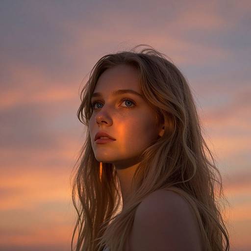 Photograph of a young woman with long, wavy brown hair, illuminated by a warm sunset glow, against a colorful sky.
