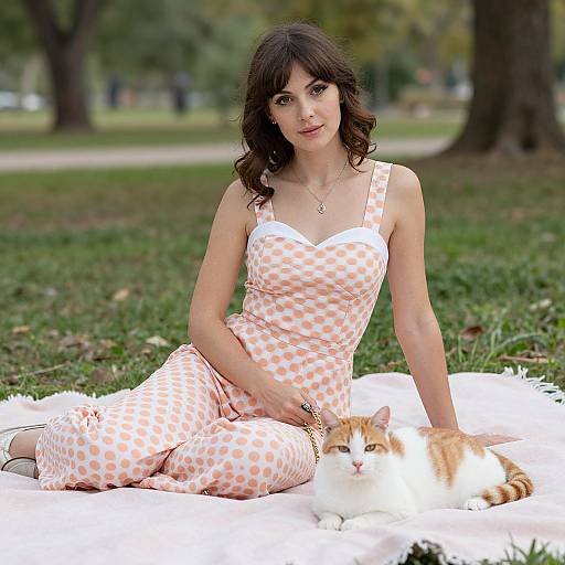 Photograph of a brunette woman with wavy hair, wearing a white and orange checkered romper, sitting on a white blanket in a park,