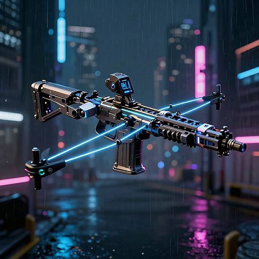 Photorealistic CGI of a futuristic, glowing blue laser rifle floating in a neon-lit, rainy urban street at night.