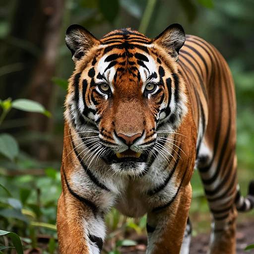 Photograph of a majestic Bengal tiger with striking orange and black stripes, intense green eyes, and white underbelly, walking through a lush, green
