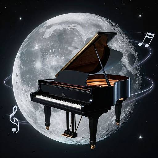 Digital illustration of a grand piano with an open lid, positioned in front of a glowing full moon, surrounded by musical notes in space.