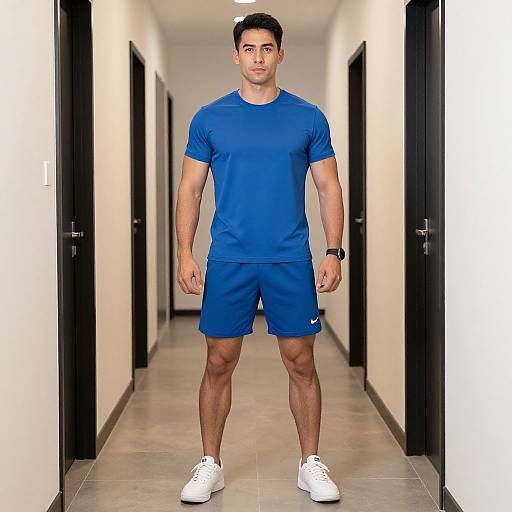 Photograph of a muscular man with short black hair, wearing a blue athletic shirt, matching shorts, and white sneakers, standing in a narrow, white