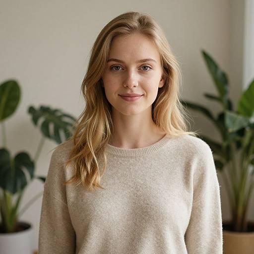 Photograph of a smiling young blonde woman with wavy hair, wearing a beige sweater, standing in front of potted plants.